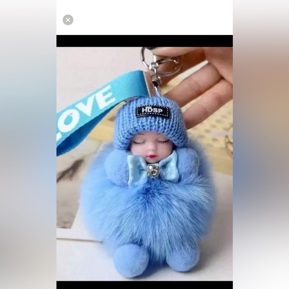 Blue  white Fluffy Keychain with Doll